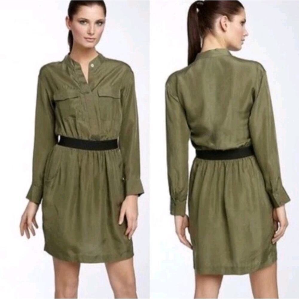 Theory Olive Green Silk Long Sleeve Mettie Elastic Waist Mini Dress Size 8